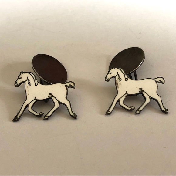 Jewelry Vintage Balfour Silver Metal White Enamel Horse Equestrian